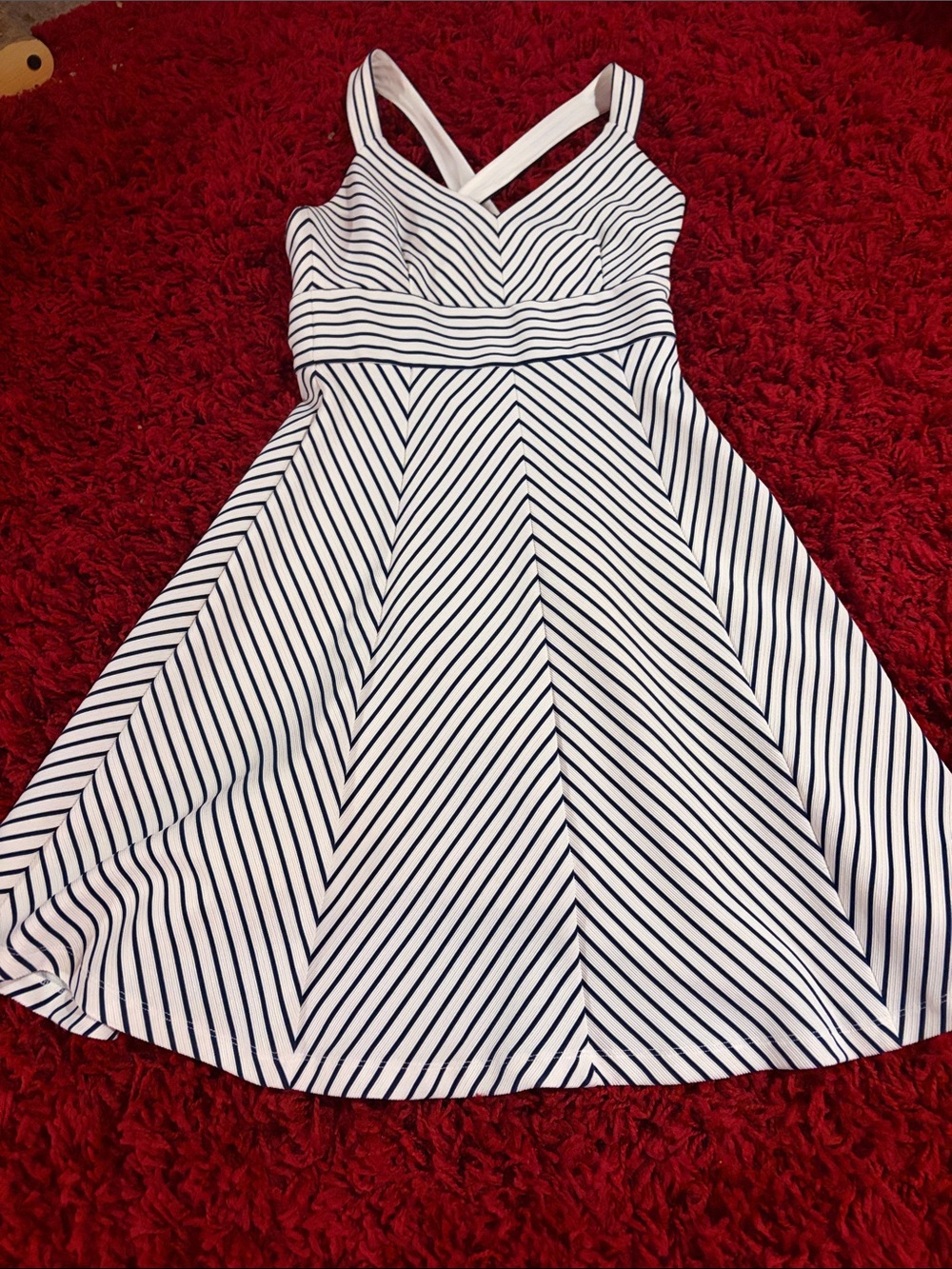 White House Black Market Navy and White Striped Midi Dress
